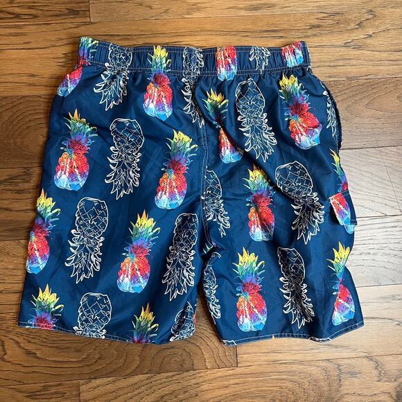 Pineapple Swim Trunks Men's Blue Tropical Print Swimsuit Drawstring - Picture 2 of 9